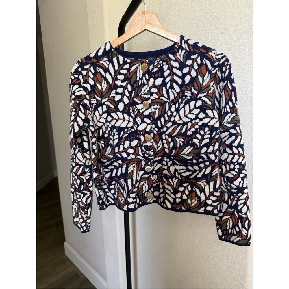 Adrienne Vittadini Navy Leaf Print Button-Front Cardigan S